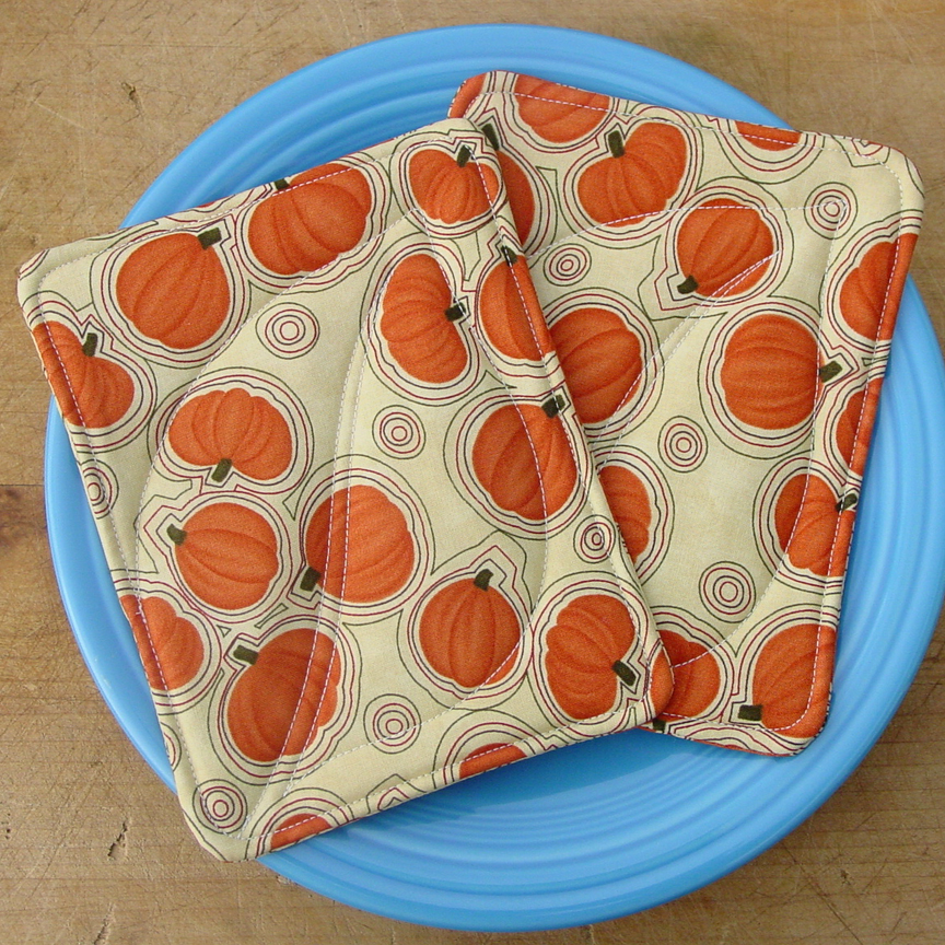 Pot Holders - Autumn Pumpkin - Two Quilted Pads - Insulated And Cotton Batting - "pumpkin"