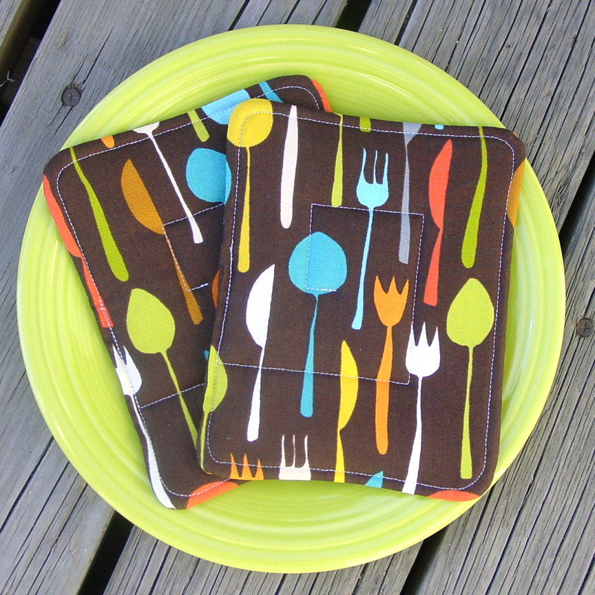 Pot Holders - Metro Cafe - Two Quilted Pads - Insulated And Cotton Batting - "flatware"