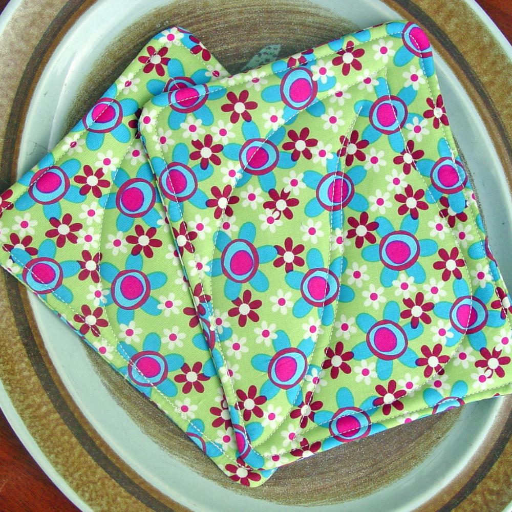 Pot Holders - Bright Floral Fabric - Quilted Pads - Insulated Batting - "fun Flowers"