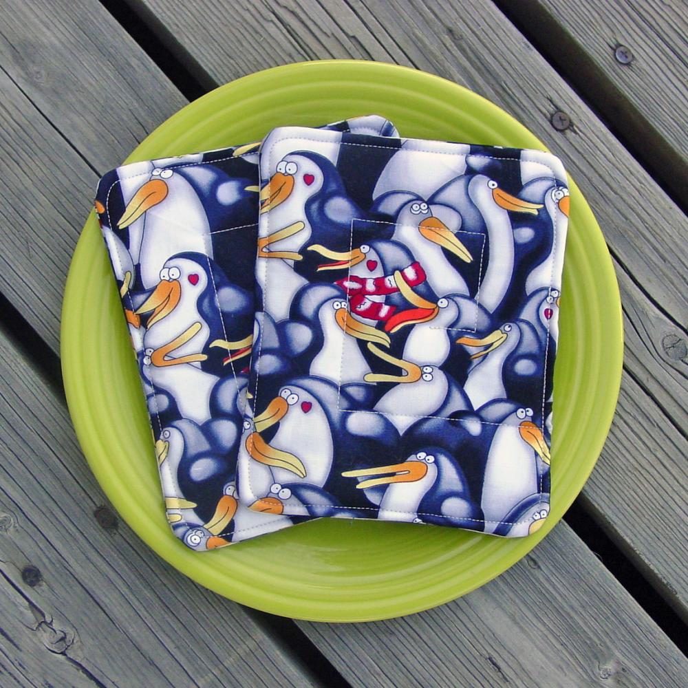 Pot Holders - Penguins - Two Quilted Pads - Insulated And Cotton Batting - "penguin Parade"